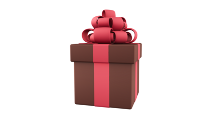 3D Rendered Brown Christmas or Holiday Gift Box with Pink Ribbon and Bow, Isolated Cutout