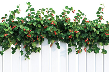 Naklejka premium Lush Green Vine With Red Berries Wooden Fence. Garden Aesthetics And Natural Decor Isolated On Transparent Background