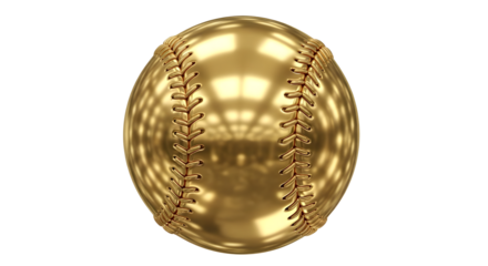 A gleaming polished golden baseball with intricate stitching isolated on a transparent background representing achievement and victory in sports isolated on transparent background