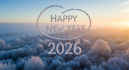 Frosty winter landscape with "Happy New Year 2026" text, celebrating the dawn of a new year.