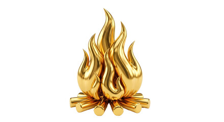A gleaming golden sculpture of a stylized flame with intricate detailing and a radiant glow isolated on transparent background