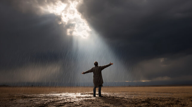 Person stands in a rainy field with arms outstretched, facing a beam of light breaking through dark clouds. Dramatic weather and a sense of hope and resilience shown. - Powered by Adobe