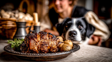 Roasted pork knuckle with potatoes on pewter plate in medieval setting