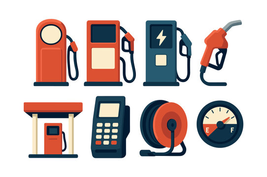Gas station vector illustration, pumps, fuel dispenser, flat vector style