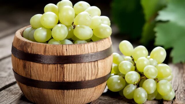Fresh green grapes inside a wooden barrel on a rustic table with a vine
