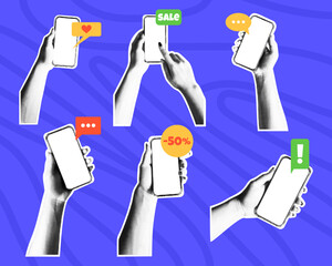 Retro phone in hand. Pop art halftone collage with speech bubble. Vintage mobile sticker design. Grunge communication icon. Special offer. Nostalgic dot. Vector garish trendy isolated illustration set