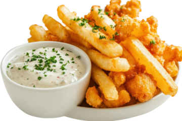 Crispy Battered Fish And Chips With Tartar Sauce. Classic Seafood Dish For Casual Dining Isolated On Transparent Background