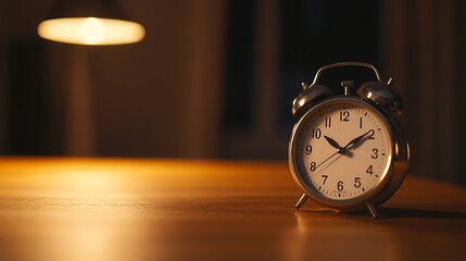Vintage alarm clock on wooden surface with a soft glowing lamp in the background casting warm light. A timeless symbol of punctuality and the passage of time.