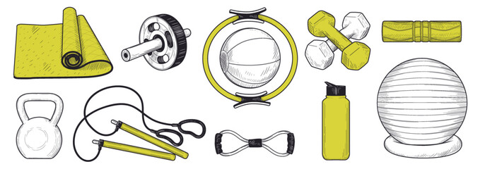 Obraz premium Hand-drawn home gym. Pilates equipment, fitness yoga mats. Sketch health sport decorative training elements, line graphics. Sport lifestyle. Dumbbells, rubber bands, and jump rope. Vector isolated set
