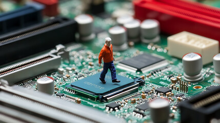 Miniature figure walking on a computer motherboard circuit, symbolizing the journey of technology and innovation in the digital age. Man stands on the computer chip