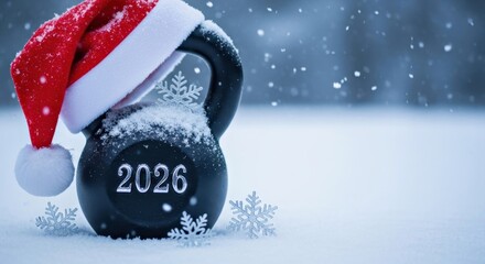 Black kettlebell adorned with a festive Santa hat and snowflakes, resting on a snowy surface, symbolizing holiday fitness goals for the upcoming year 2026