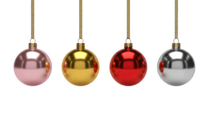 Four metallic egg shaped christmas ornaments hanging against transparent background