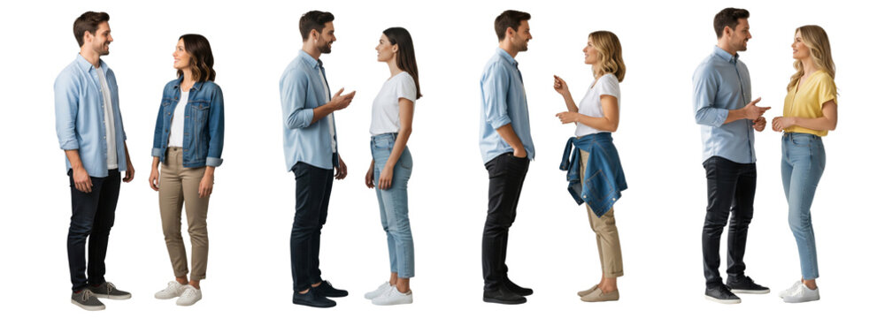 group of people standing and talking together isolated on white
