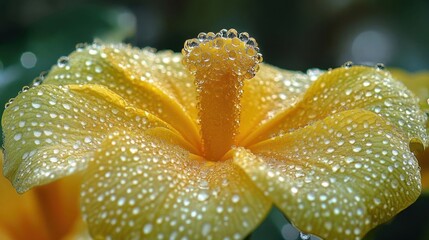 Close up of yellow hibiscus flower with water droplets.