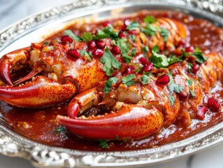 Lobster in spicy tomato sauce with pomegranate seeds