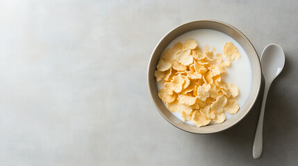 Golden flakes of corn cereal submerged in creamy milk, sitting in a bowl. A simple spoon completes this comforting breakfast scene on a light backdrop. Fresh start, healthy!