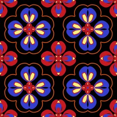 Vibrant Blue Red and Yellow Floral  Seamless Pattern