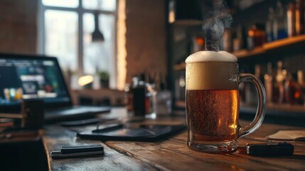 Mug of beer on a wooden table in a pub or restaurant.