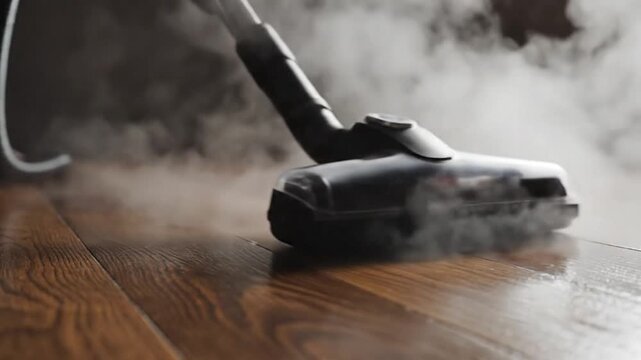 Steam cleaning machine head sanitizing wooden floor with hot vapor for hygiene