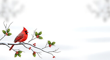 A vibrant red cardinal perched gracefully on a snowcovered branch adorned with holly leaves and berries, set against a pristine white background, creating a serene and festive winter scene isolated on