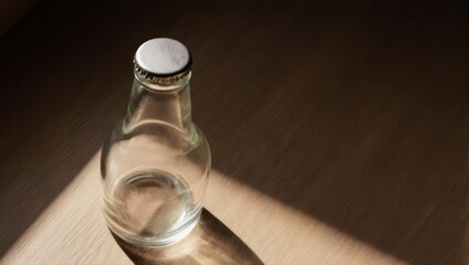 Empty, clear glass bottle with a white cap casting a shadow on a textured, brown wooden surface
