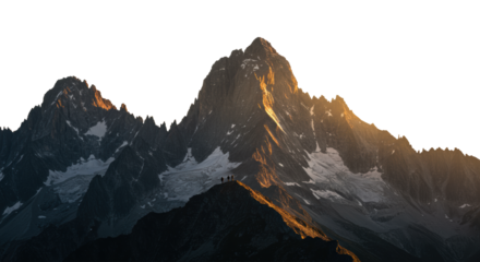 Towering, jagged, snow-capped mountains and three silhouetted hikers on the summit, intense golden hour sunburst, high-contrast telephoto shot against white background. Concept of solitude and epic