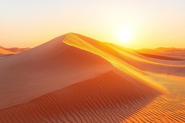 Desert landscape with wavy sand dunes under a sunlit sky during golden hour
