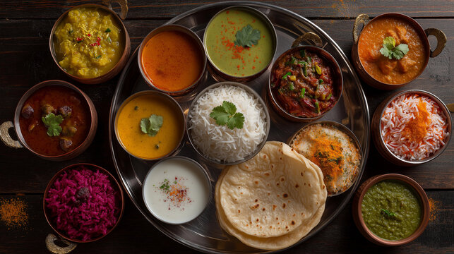 Balanced thali featuring rice, chapati, dal tadka, sambar, rasam, paneer masala, beetroot poriyal, curd rice, papad, and kesari