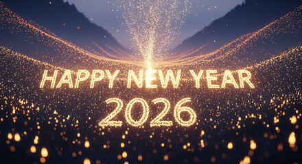 Sparkling golden particles explode upwards, celebrating the arrival of a bright new year.