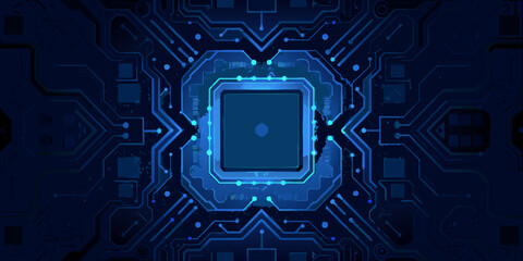 Intricate blue circuit board pattern with a central processing unit design