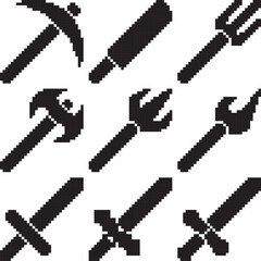 Obraz premium Sword, spear trident, weapon, ax, machele game asset icon black-white vector pixel art icon 