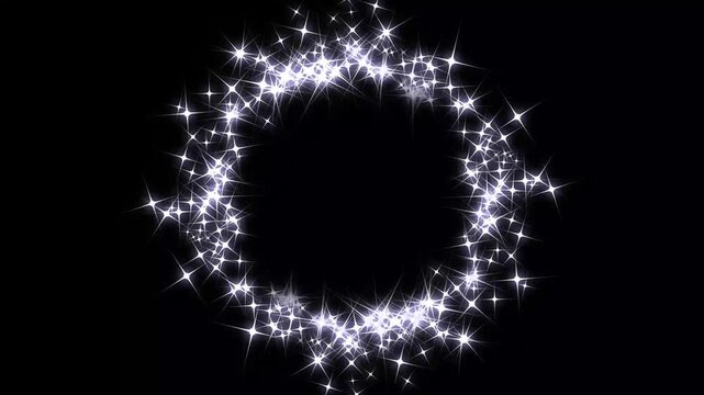 Particles glitter stars circular animation, white glowing twinkle stars animation with sparkling glitter dust trail, magical sparkle trails, shining twinkle transition on black screen background. 4k