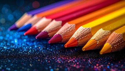 Obraz premium Colored pencils lined up on a glittery dark surface closeup view