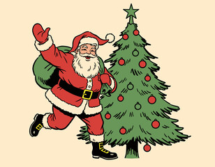 Cheerful, classic illustration of Santa Claus in motion, holding a large green sack full of presents and waving happily next to a decorated Christmas tree with ornaments and a star. Ideal for festive 