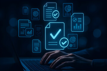 Digital document management and data verification concept. Person working on laptop with holographic checkmark and chart icons floating above in a dark environment.