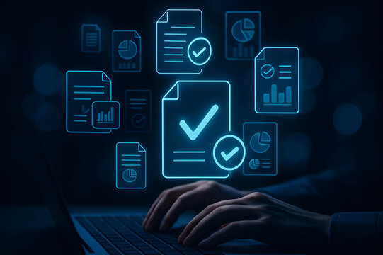 Digital document management and data verification concept. Person working on laptop with holographic checkmark and chart icons floating above in a dark environment. - Powered by Adobe