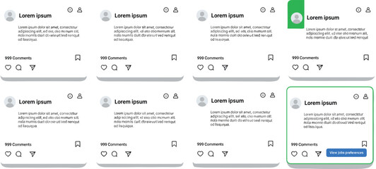 Instagram-style post grid mockup, mobile UI layout, social media interface, featured post variation, clean vector UX concept, icons