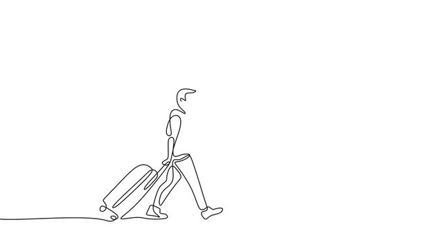 One line drawing of a traveler with suitcase and airplane in hand-drawn vector style