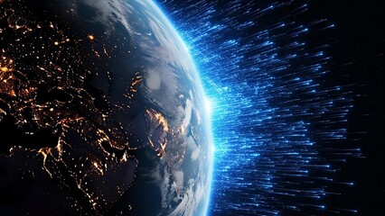 Earth at night with data streams, representing global communication