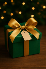 A green present with a gold ribbon around it during the holiday season