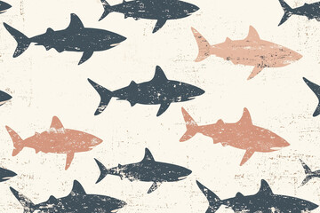 A soft, retro-themed design of small sharks in a low-contrast color scheme, giving off a classic and nostalgic atmosphere