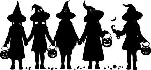 Silhouettes of children in halloween costumes holding hands and candy buckets 