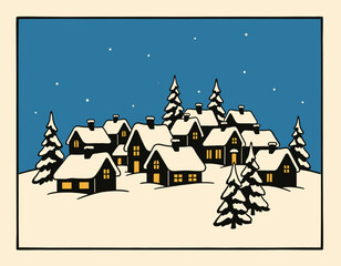 Fototapeta premium Eerie yet cozy illustration of a small European village with snow-covered rooftops, illuminated windows, and a tall church tower against a deep blue, starry night sky. Captures the peaceful stillness 