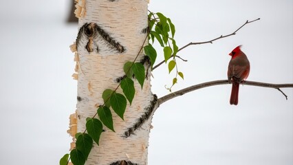 Red Cardinal Perched on a Branch Next to a Birch Tree in a Snowy Winter Landscape.