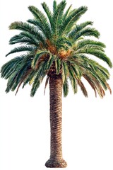 Lush palm tree with a tall, textured trunk isolated against a white background