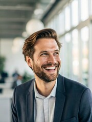 Obraz premium Office worker laughing in modern workspace natural light macro portrait authentic expression shallow depth of field