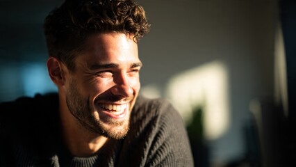 Male office worker laughing naturally in modern workspace with soft sunlight and shallow depth of field
