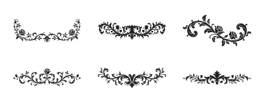 Victorian ornamental floral scroll designs elegant flourishes set