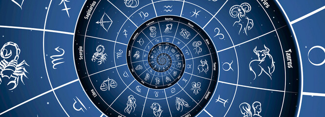 Blue astrological background. Concept of horoscope, mystery, magic, astrological sign.