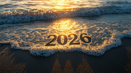 Glowing "2026" typography carved into wet sand, ocean waves gently approaching, sunset beach scene.
